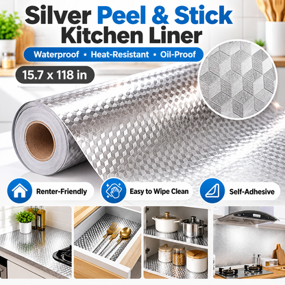 Silver 3D Cube Peel & Stick Kitchen Liner – Instant Glow-Up