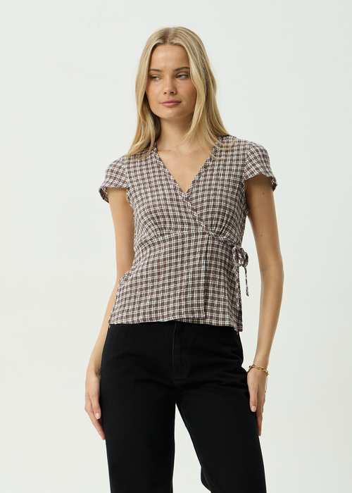 AFENDS Womens Loula - Seersucker Wrap Top - Coffee Check