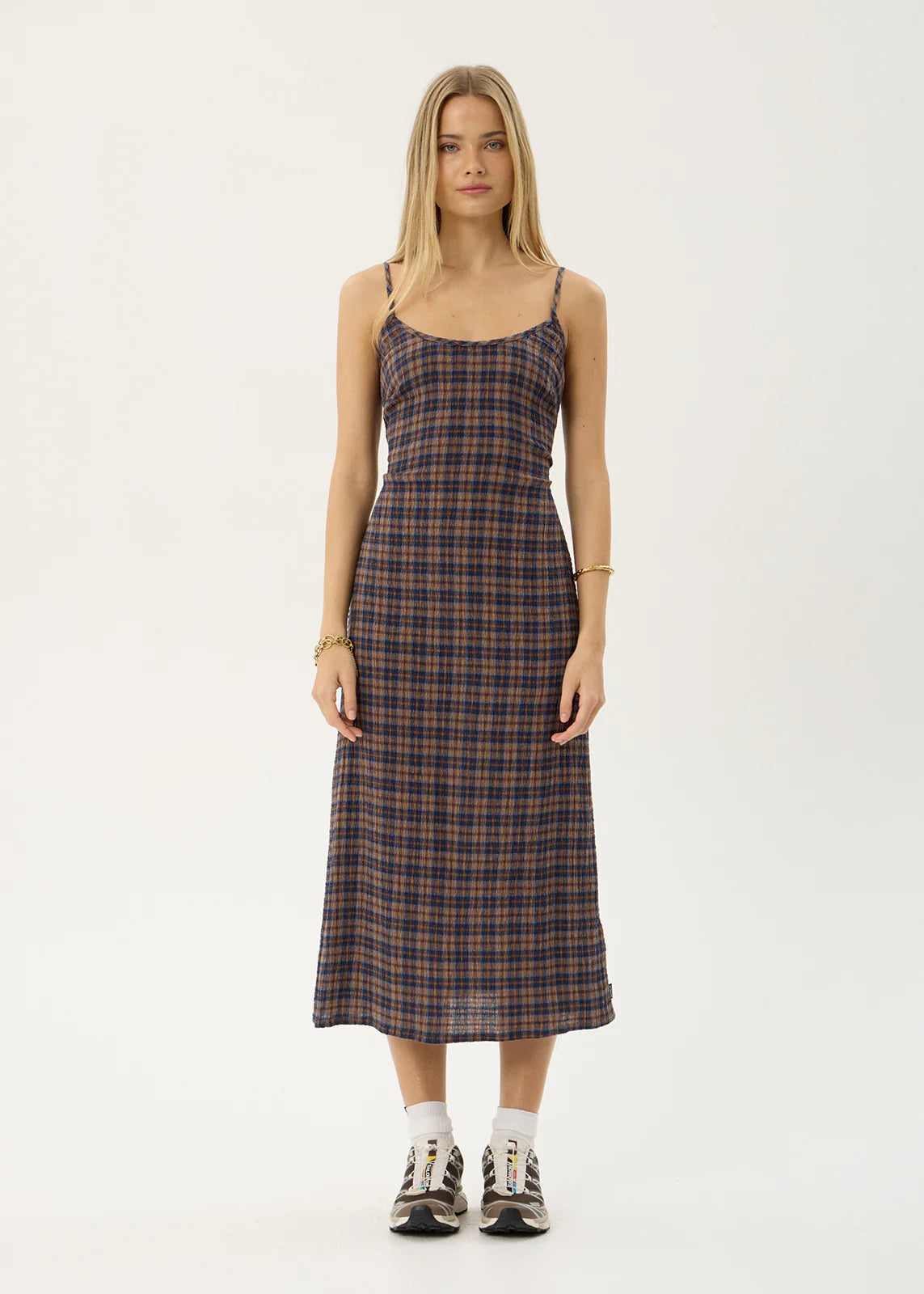 AFENDS Womens Rumi - Seersucker Midi Dress - Shev Indigo Check