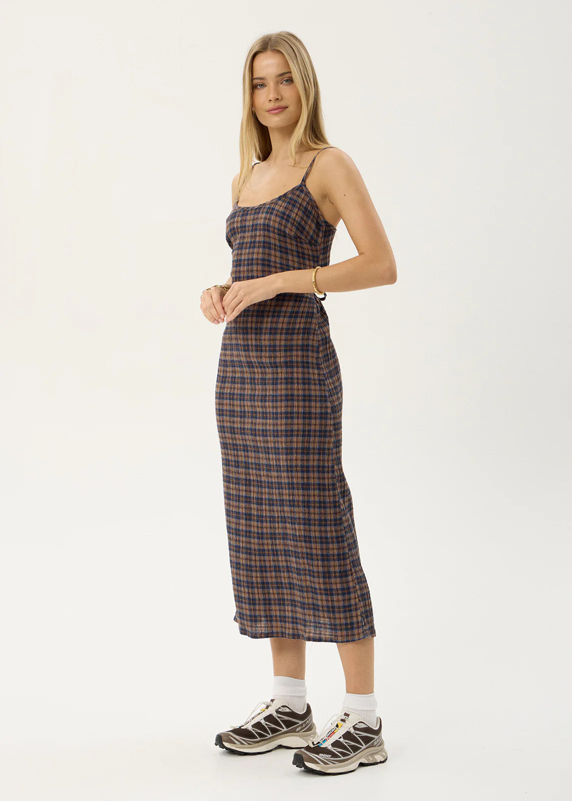 AFENDS Womens Rumi - Seersucker Midi Dress - Shev Indigo Check