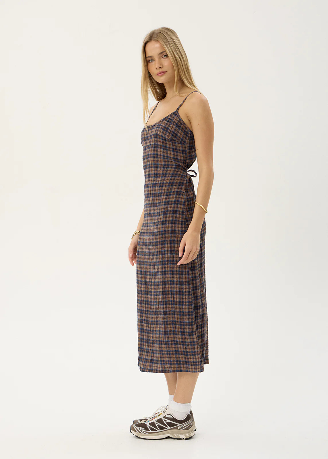 AFENDS Womens Rumi - Seersucker Midi Dress - Shev Indigo Check