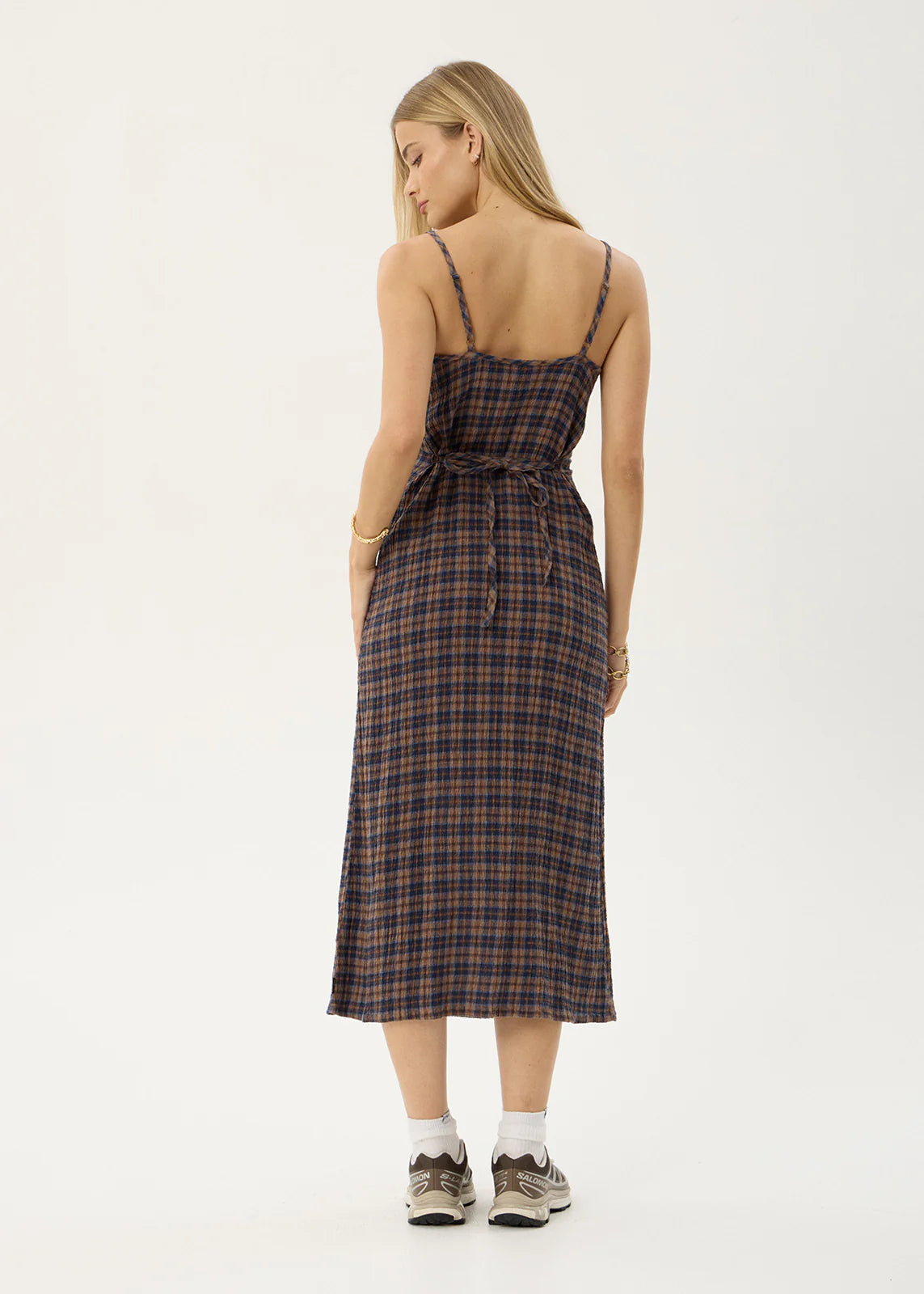 AFENDS Womens Rumi - Seersucker Midi Dress - Shev Indigo Check