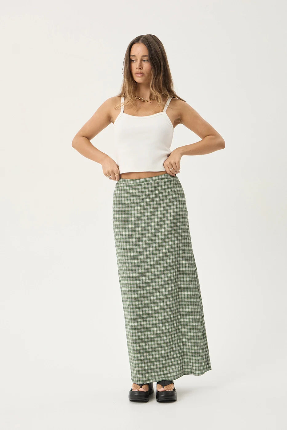 AFENDS Womens Lita - Seersucker Maxi Skirt - Base Deep Green Check