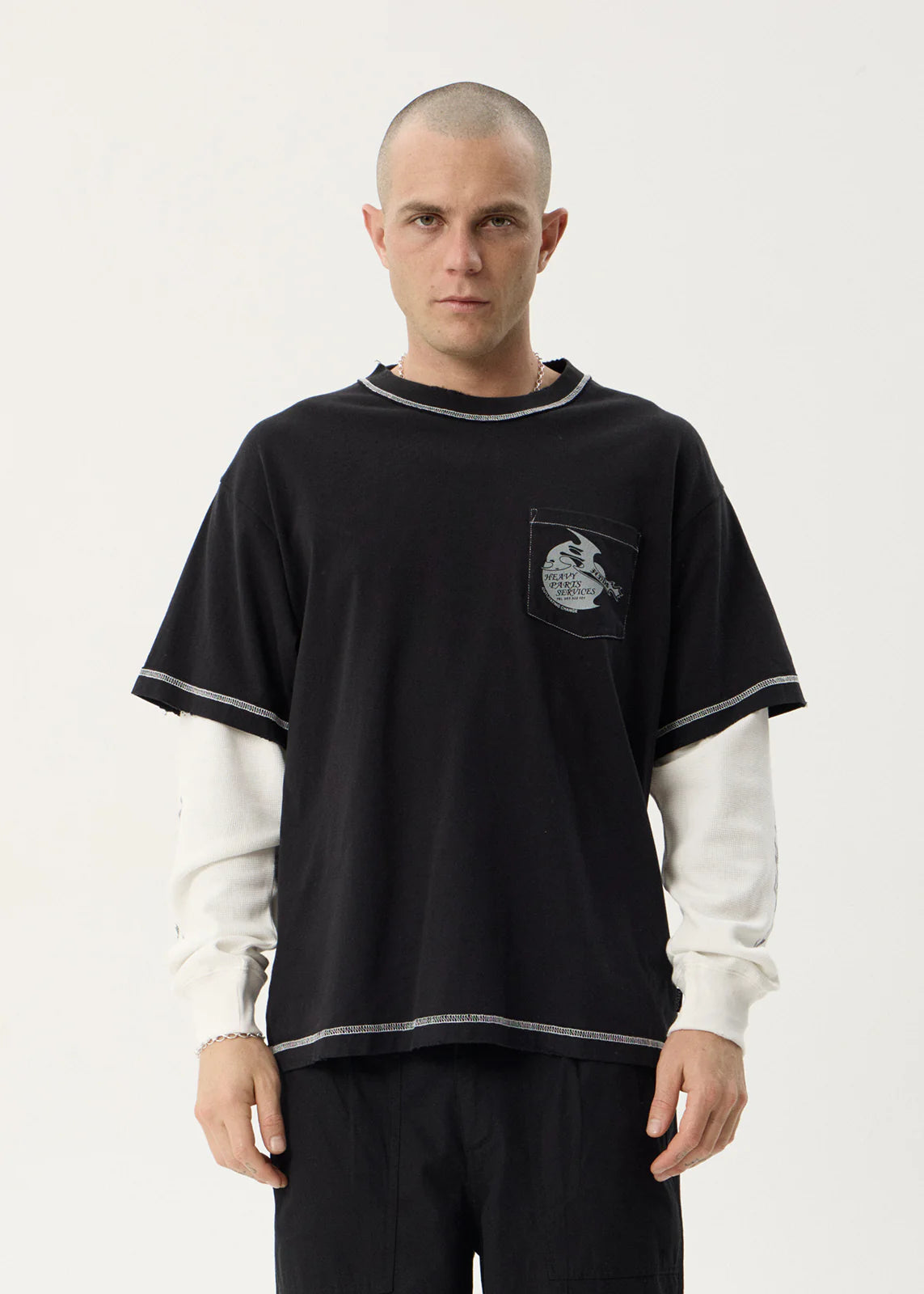 AFENDS Mens Heavy Parts - Layered Waffle Long Sleeve Tee - Stone Black