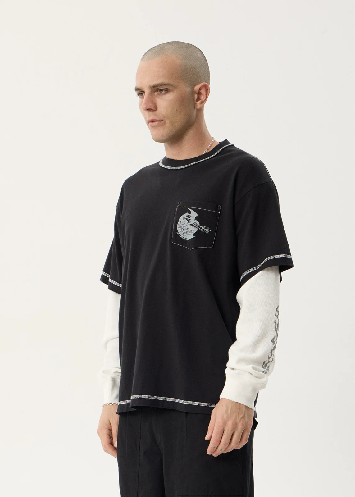 AFENDS Mens Heavy Parts - Layered Waffle Long Sleeve Tee - Stone Black