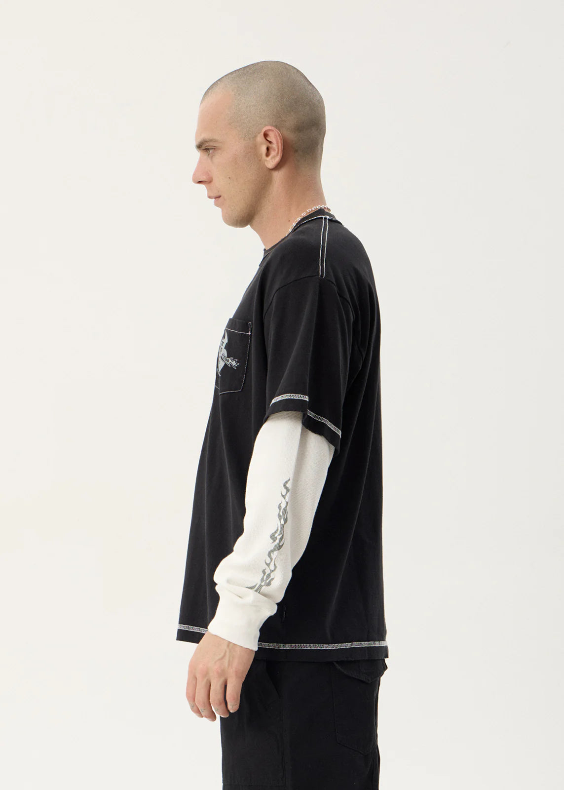 AFENDS Mens Heavy Parts - Layered Waffle Long Sleeve Tee - Stone Black