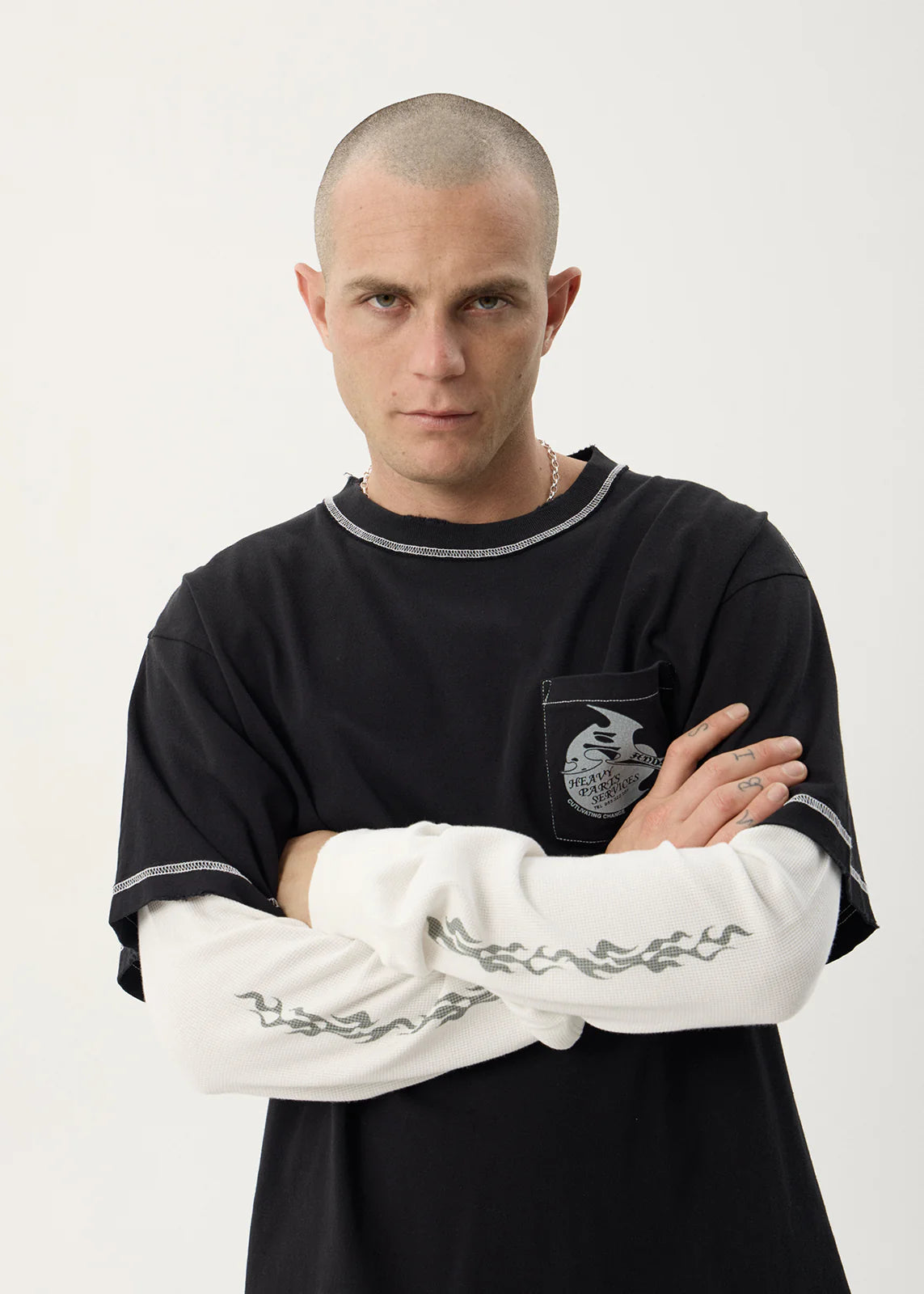 AFENDS Mens Heavy Parts - Layered Waffle Long Sleeve Tee - Stone Black