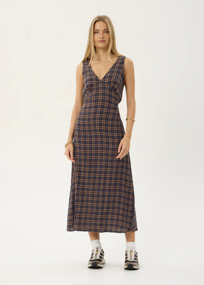 AFENDS Womens Tully - Seersucker Maxi Dress - Shev Indigo Check