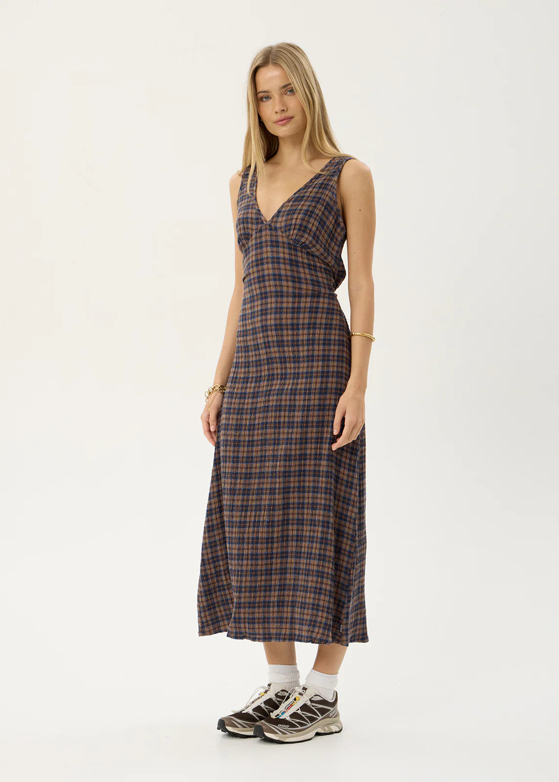 AFENDS Womens Tully - Seersucker Maxi Dress - Shev Indigo Check