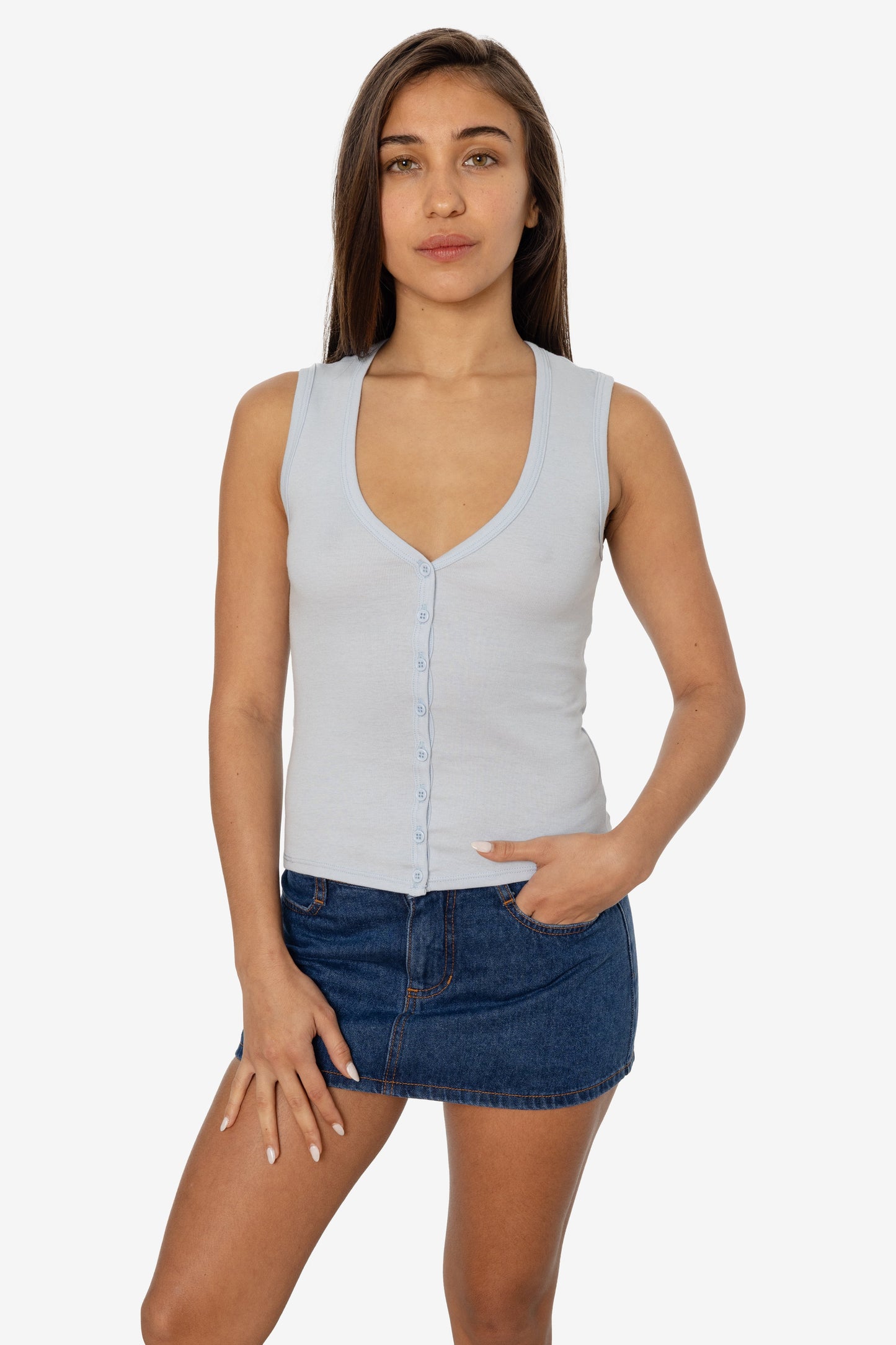 43575X - Baby Rib Sleeveless V Neck Button Up Top