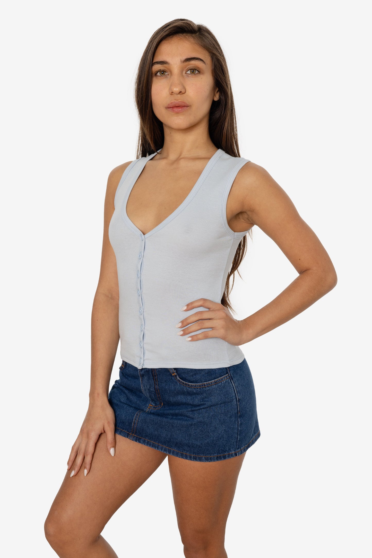 43575X - Baby Rib Sleeveless V Neck Button Up Top