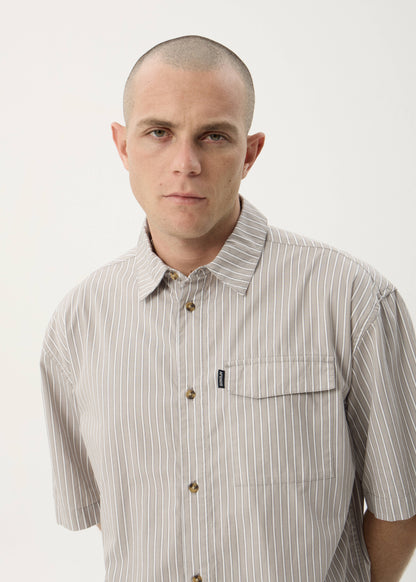AFENDS Mens Lennox - Short Sleeve Shirt - Olive Stripe