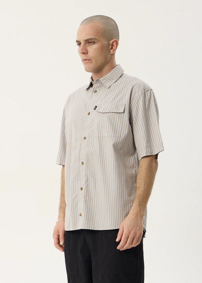 AFENDS Mens Lennox - Short Sleeve Shirt - Olive Stripe