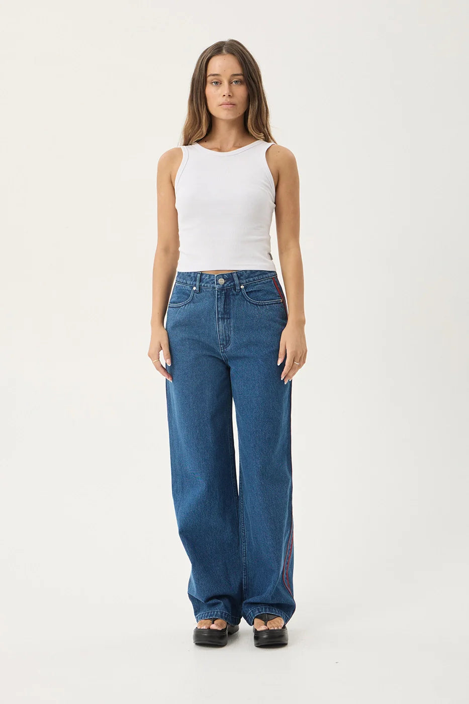 AFENDS Womens Bella Stripe - Denim Wide Leg Jean - Authentic Blue