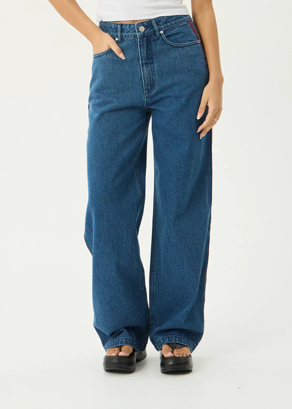 AFENDS Womens Bella Stripe - Denim Wide Leg Jean - Authentic Blue