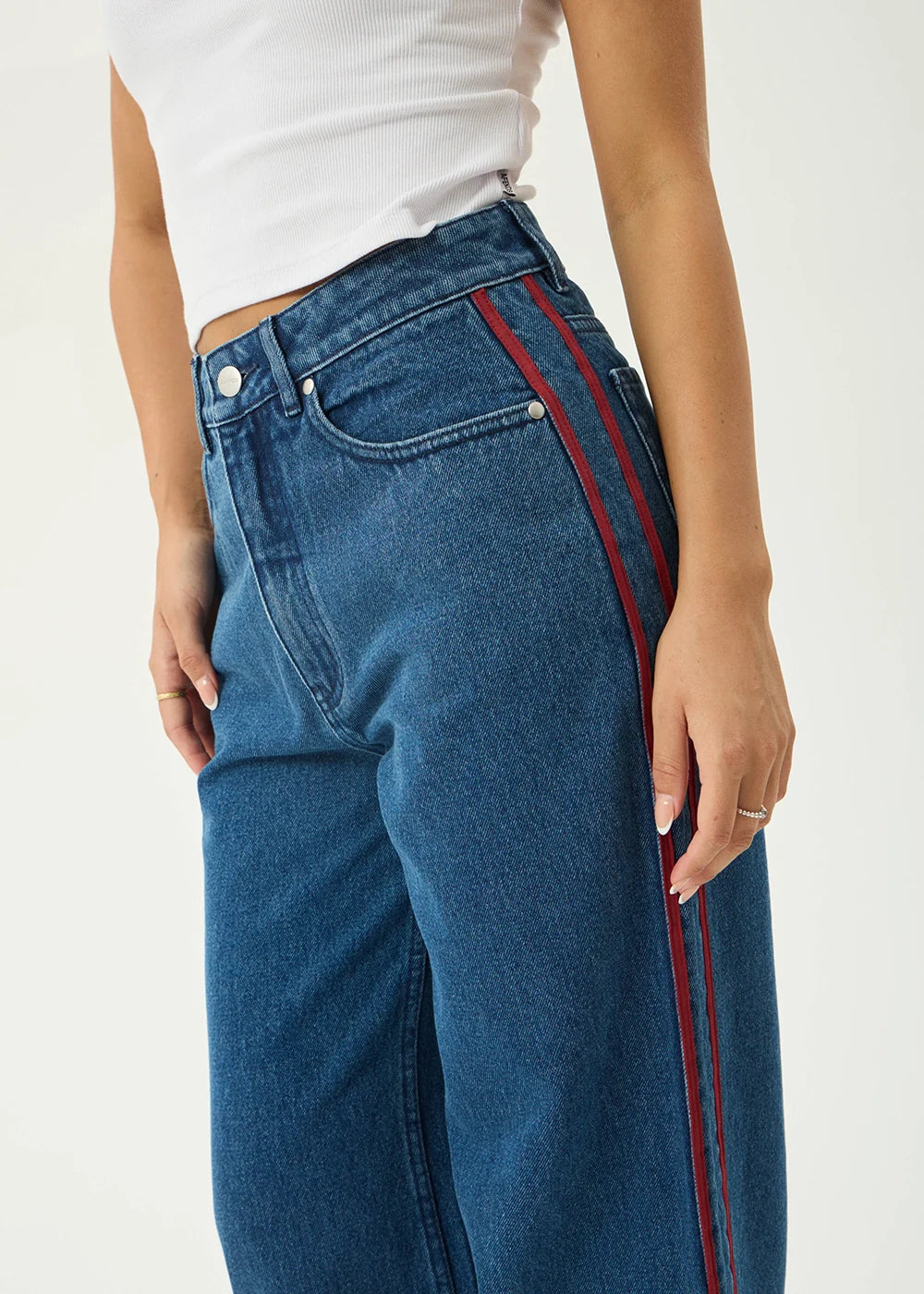 AFENDS Womens Bella Stripe - Denim Wide Leg Jean - Authentic Blue