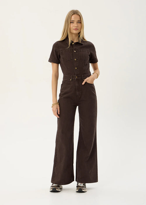 AFENDS Womens Miami - Denim Flared Leg Jumpsuit - Washed Coffee