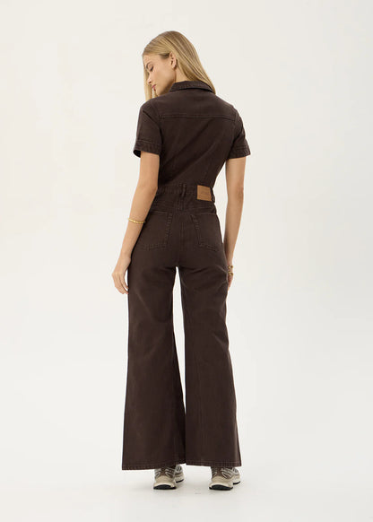 AFENDS Womens Miami - Denim Flared Leg Jumpsuit - Washed Coffee