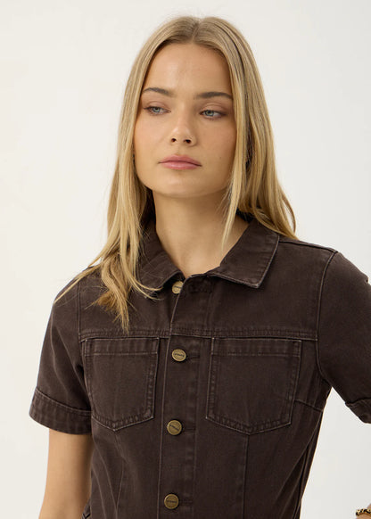 AFENDS Womens Miami - Denim Flared Leg Jumpsuit - Washed Coffee