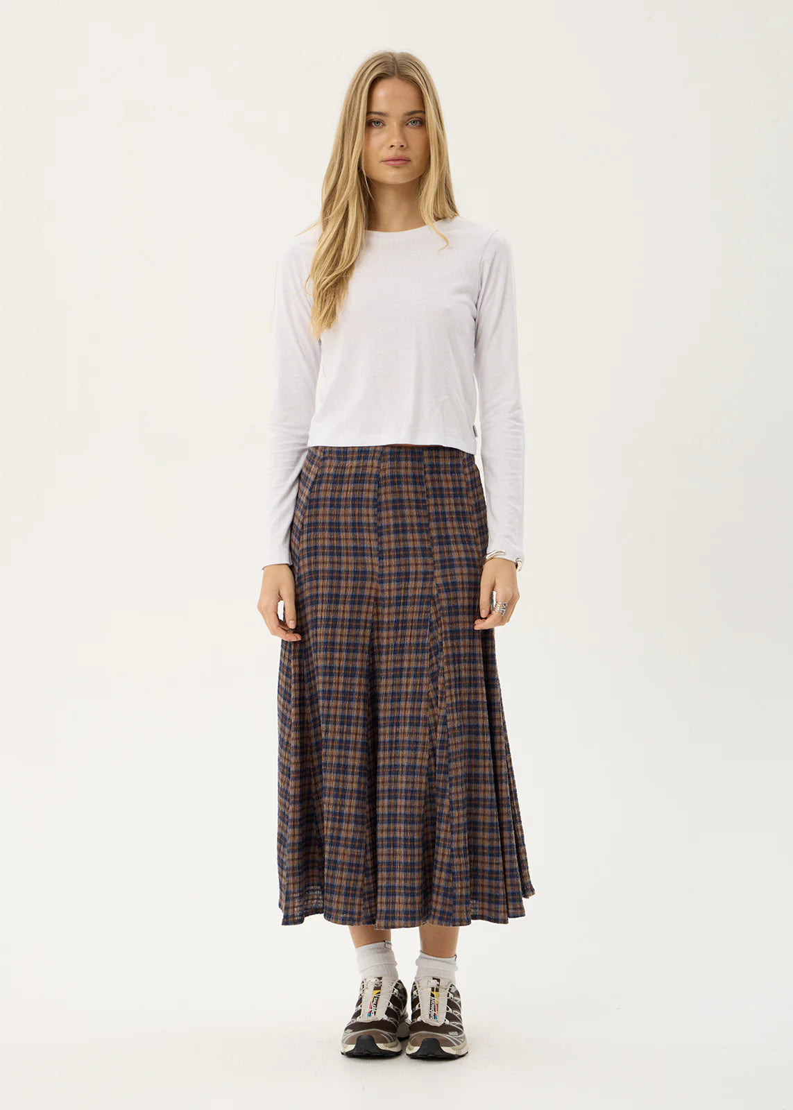 AFENDS Womens Lana - Seersucker Midi Skirt - Shev Indigo Check