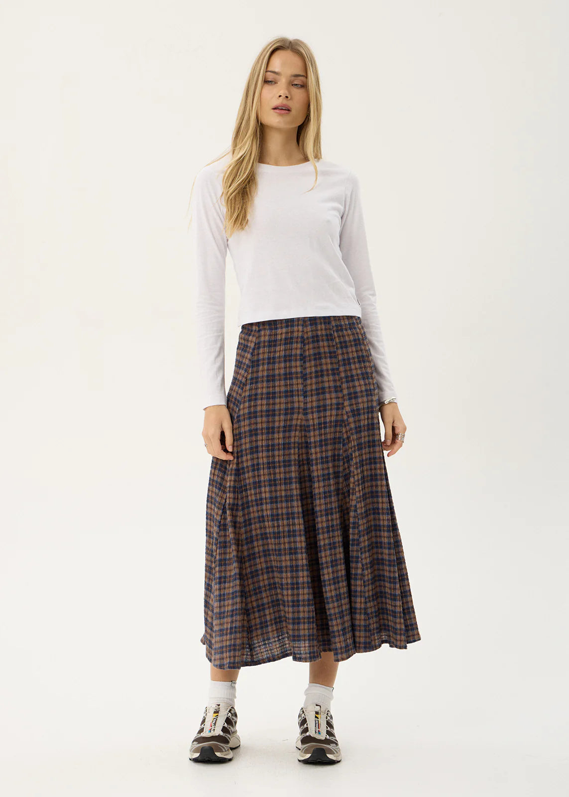 AFENDS Womens Lana - Seersucker Midi Skirt - Shev Indigo Check