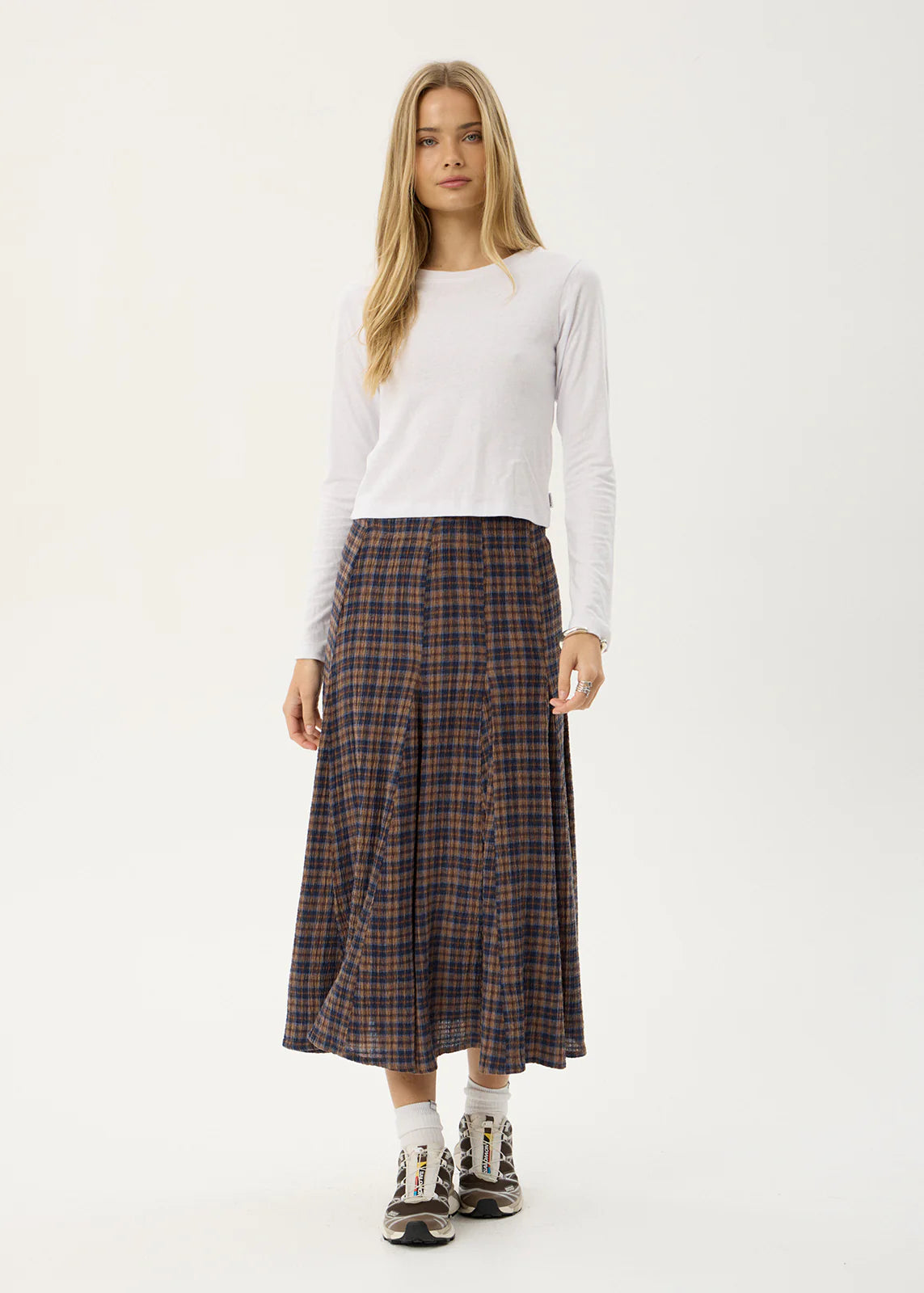 AFENDS Womens Lana - Seersucker Midi Skirt - Shev Indigo Check