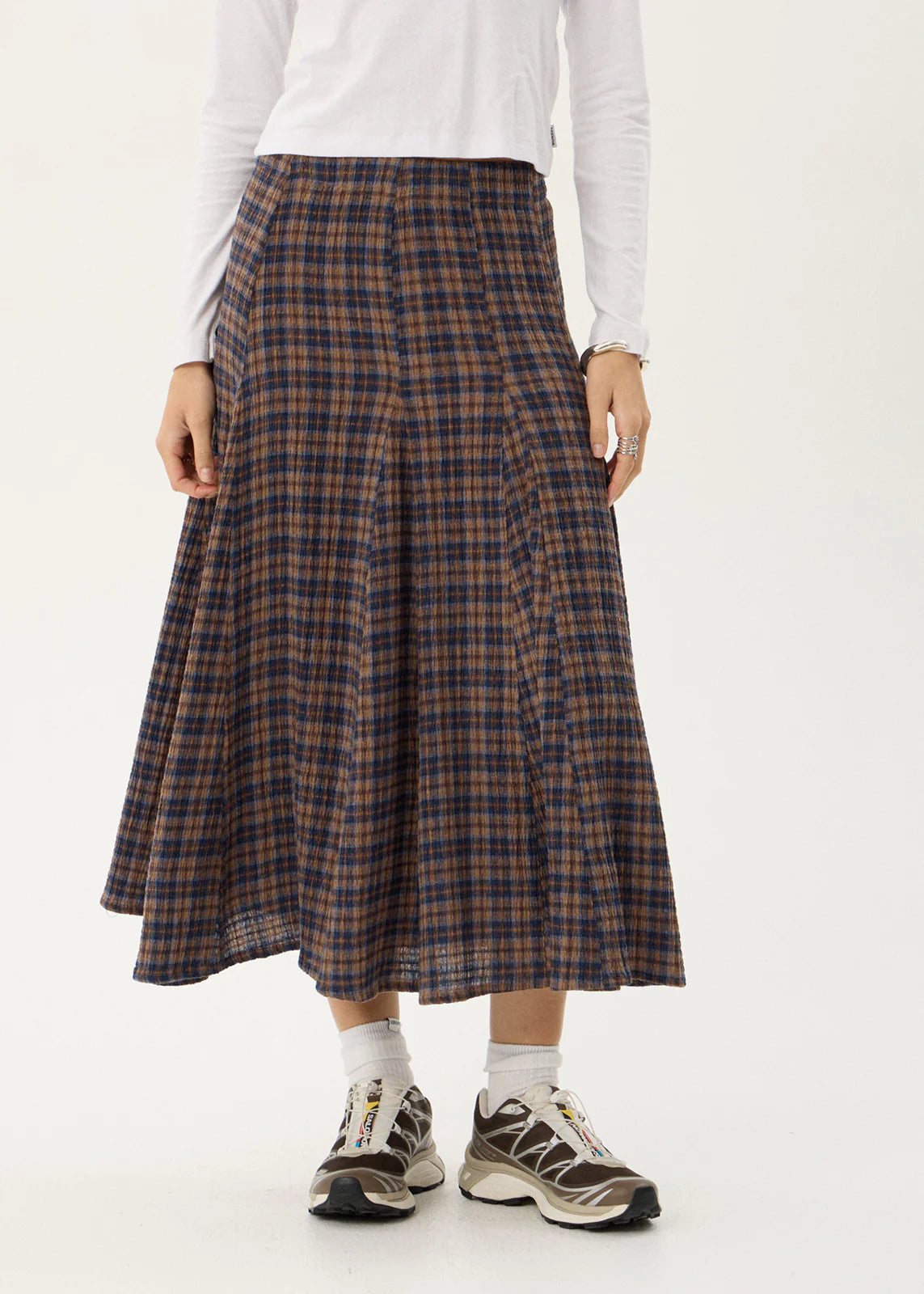 AFENDS Womens Lana - Seersucker Midi Skirt - Shev Indigo Check
