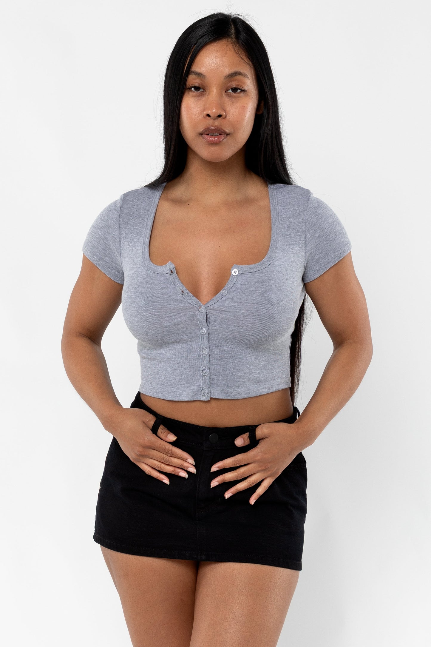 43025 - Baby Rib Short Sleeve Button Up Crop Top