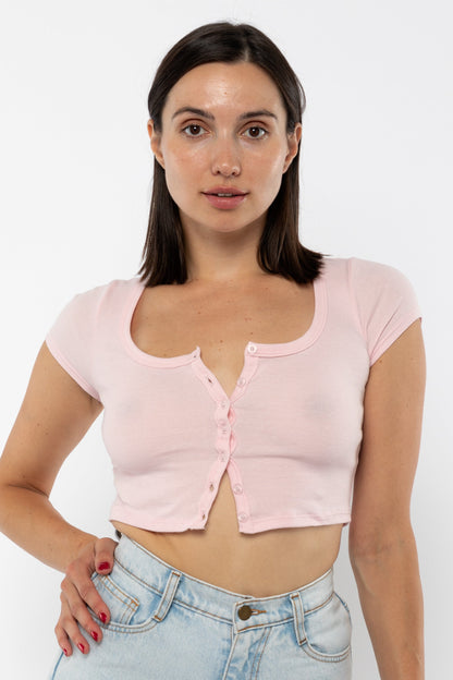 43025 - Baby Rib Short Sleeve Button Up Crop Top