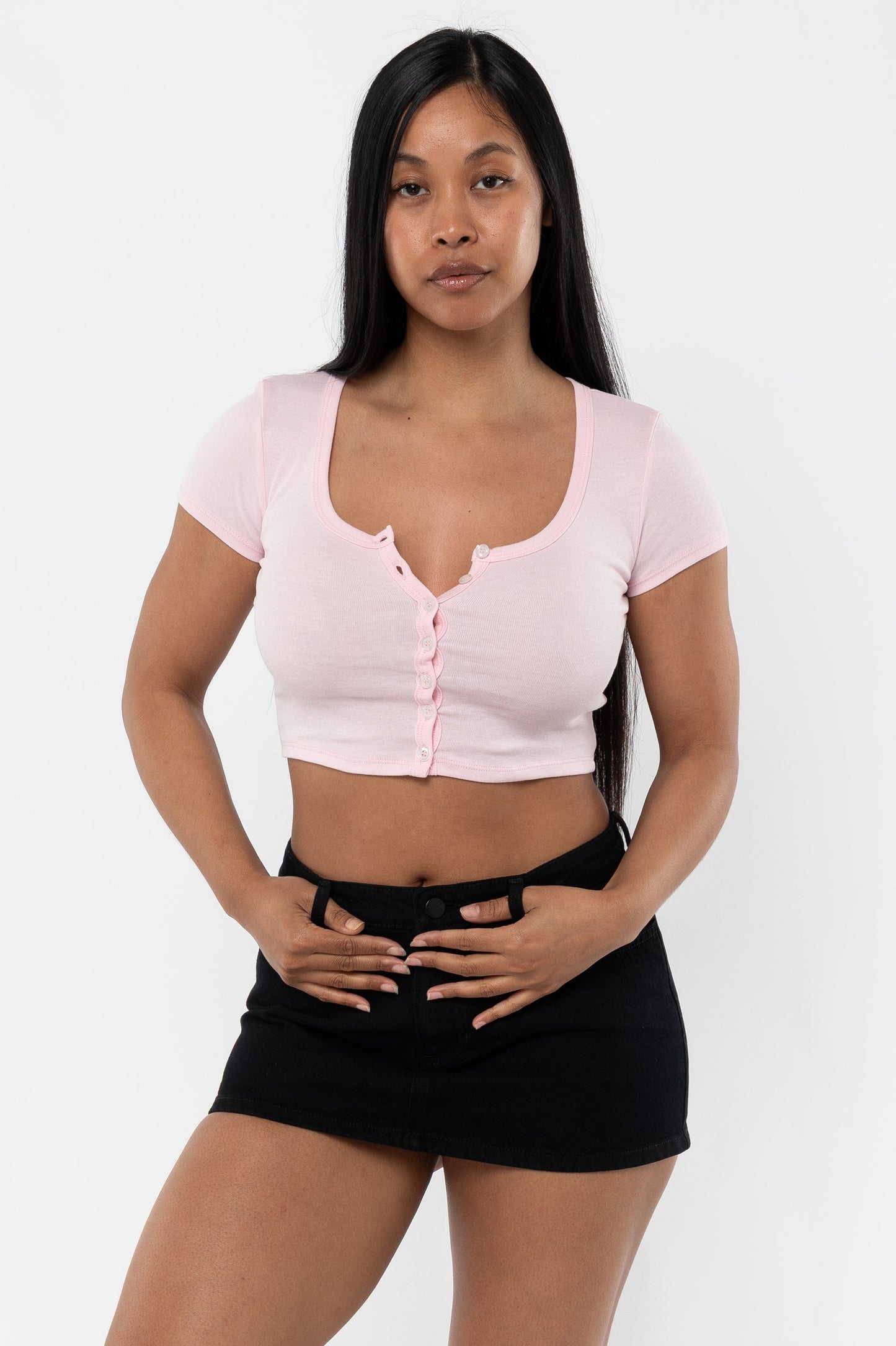 43025 - Baby Rib Short Sleeve Button Up Crop Top