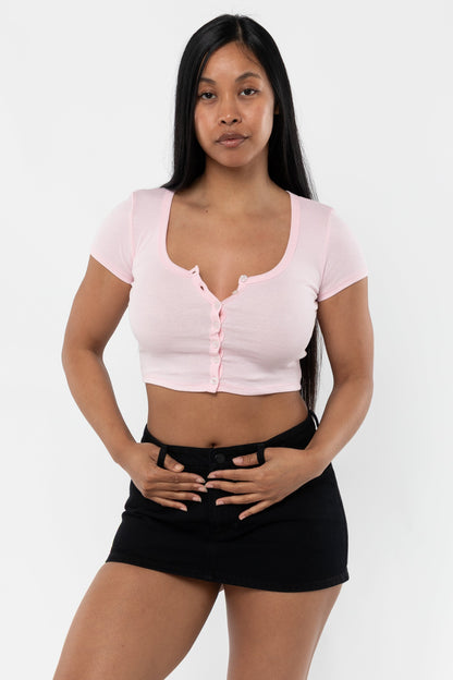 43025 - Baby Rib Short Sleeve Button Up Crop Top