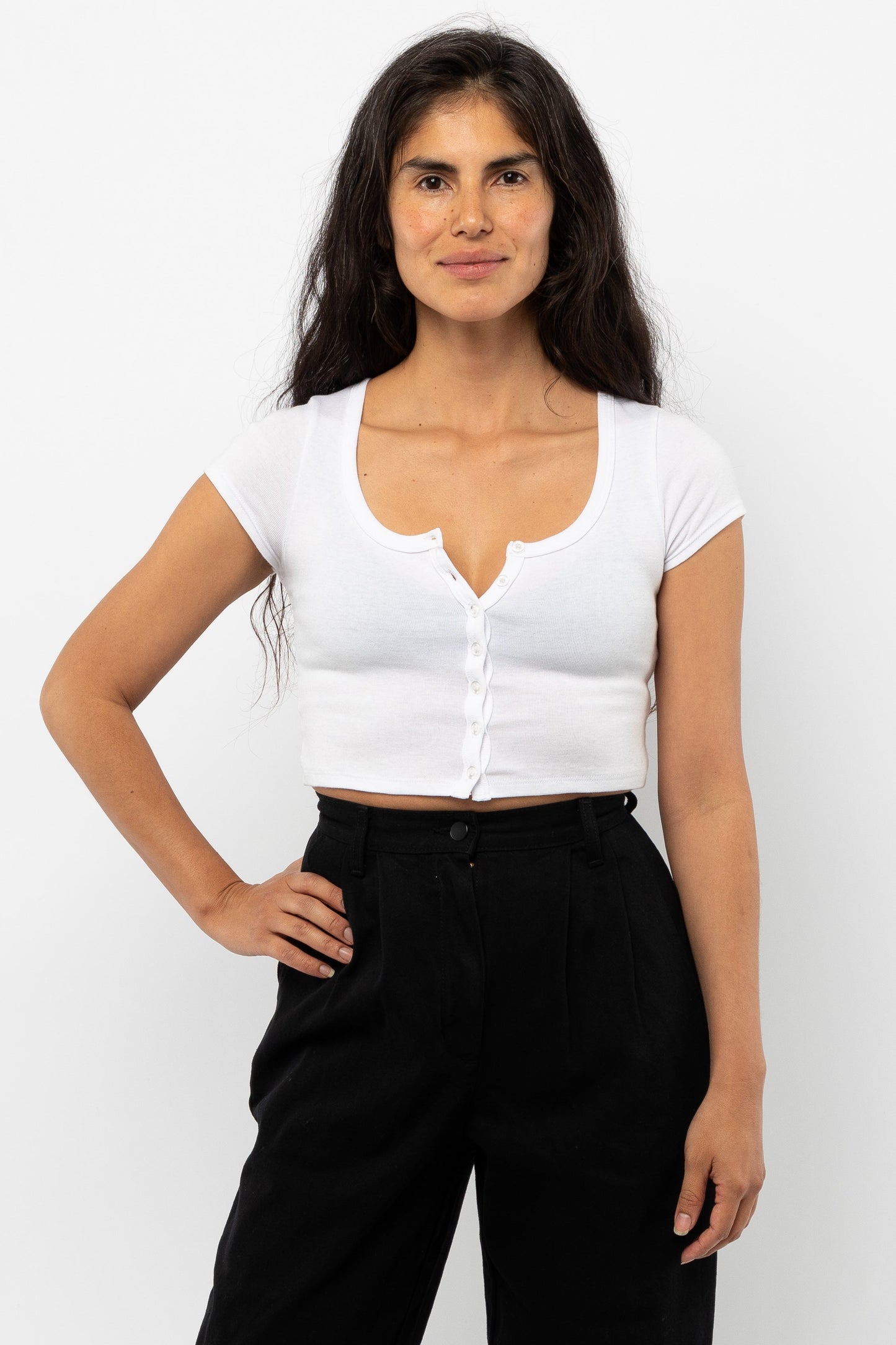 43025 - Baby Rib Short Sleeve Button Up Crop Top