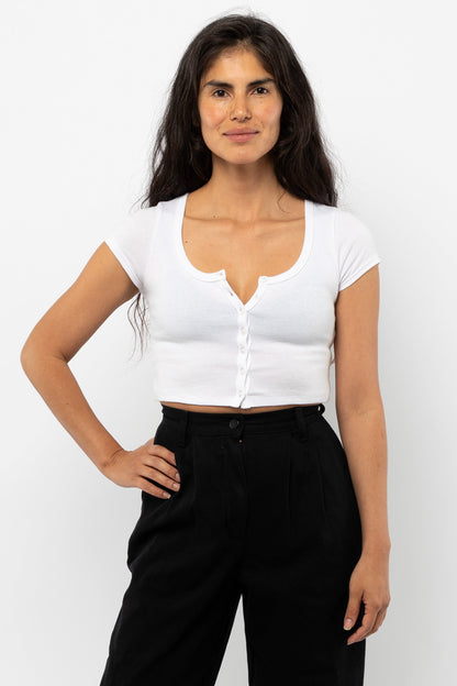 43025 - Baby Rib Short Sleeve Button Up Crop Top