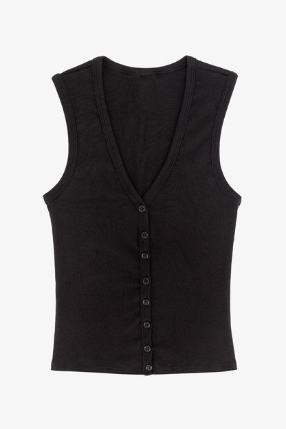 43575X - Baby Rib Sleeveless V Neck Button Up Top