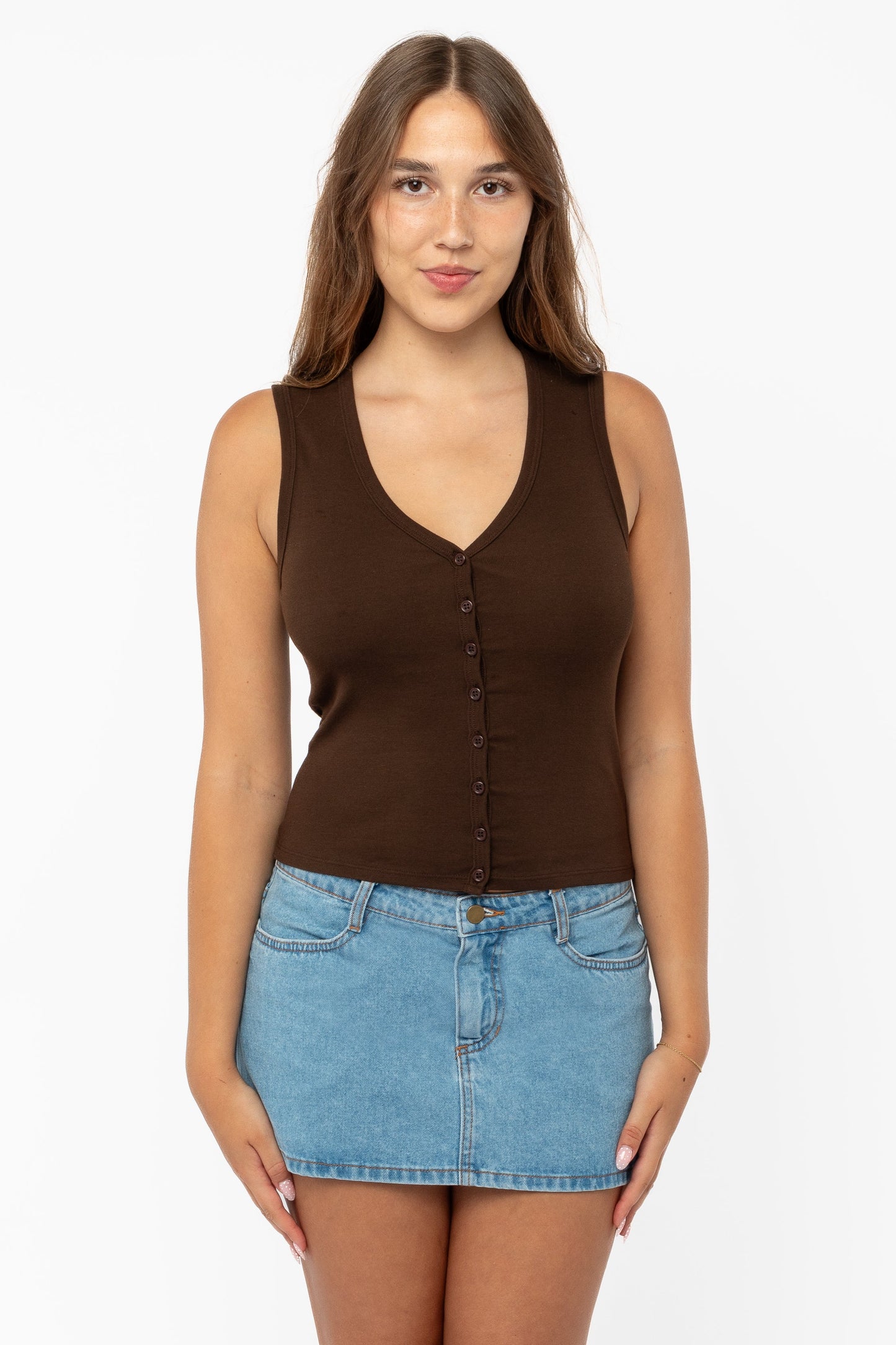 43575X - Baby Rib Sleeveless V Neck Button Up Top