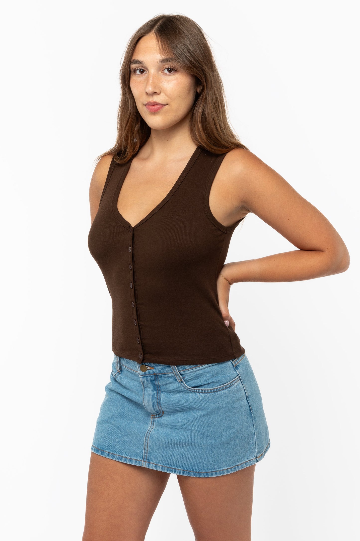 43575X - Baby Rib Sleeveless V Neck Button Up Top
