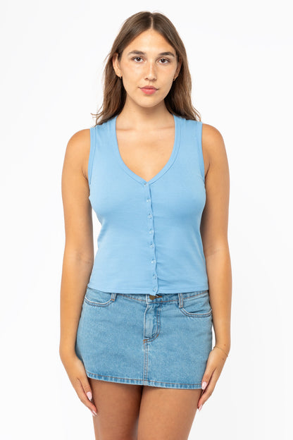 43575X - Baby Rib Sleeveless V Neck Button Up Top