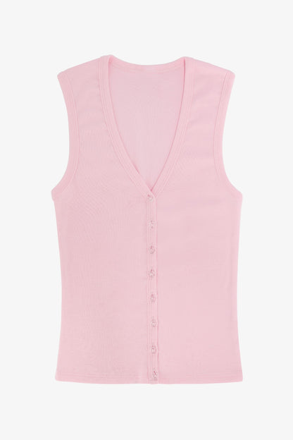 43575X - Baby Rib Sleeveless V Neck Button Up Top