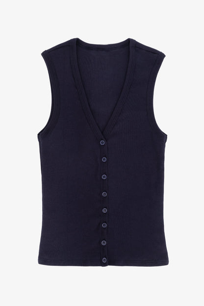 43575X - Baby Rib Sleeveless V Neck Button Up Top