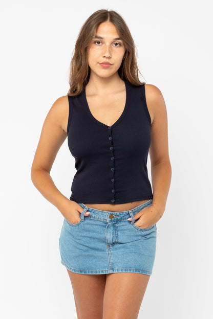 43575X - Baby Rib Sleeveless V Neck Button Up Top