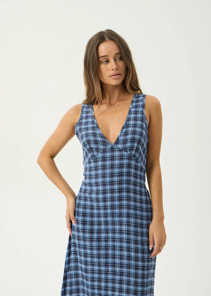 AFENDS Womens Tully - Seersucker Maxi Dress - Mountains Navy Red Check