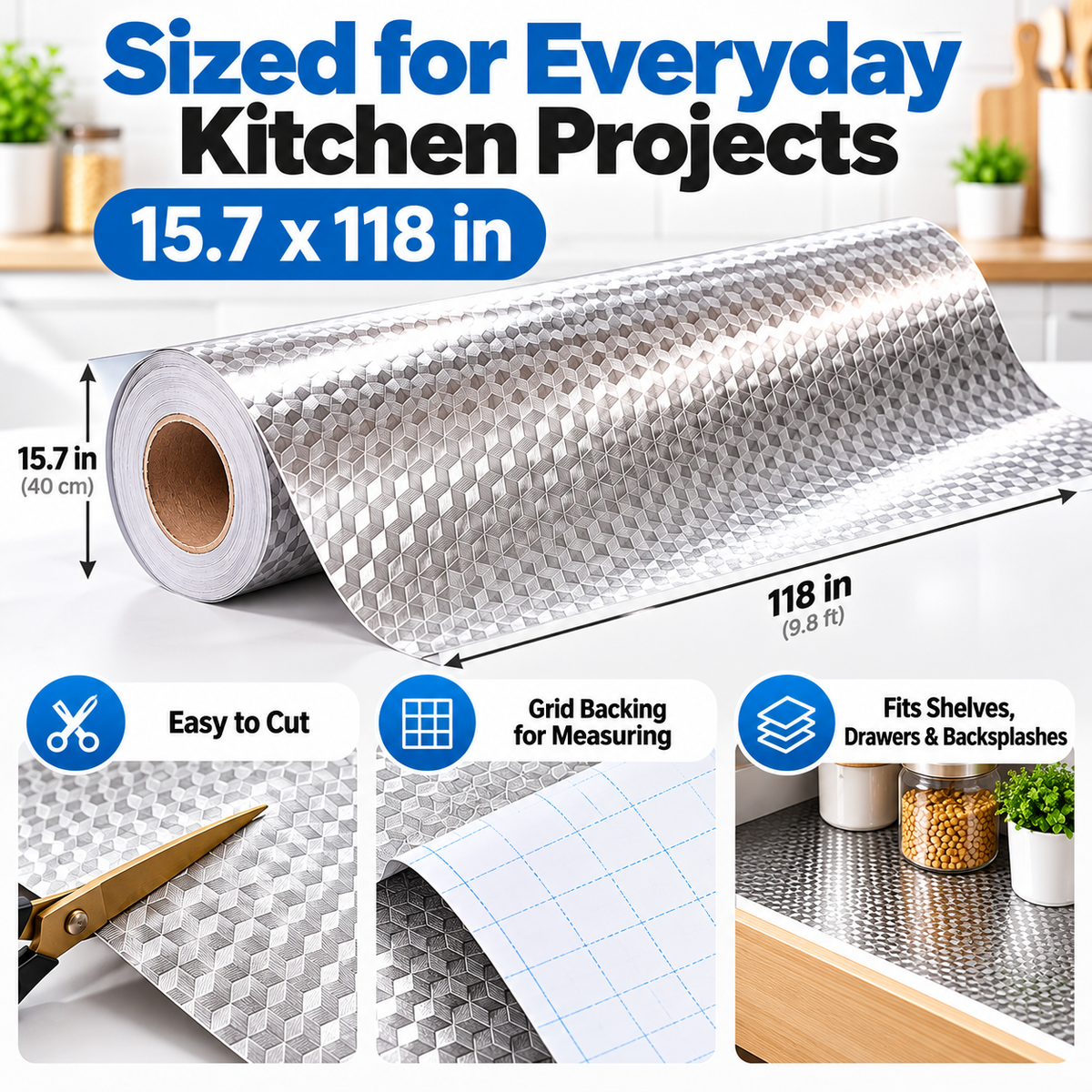 Silver 3D Cube Peel & Stick Kitchen Liner – Instant Glow-Up