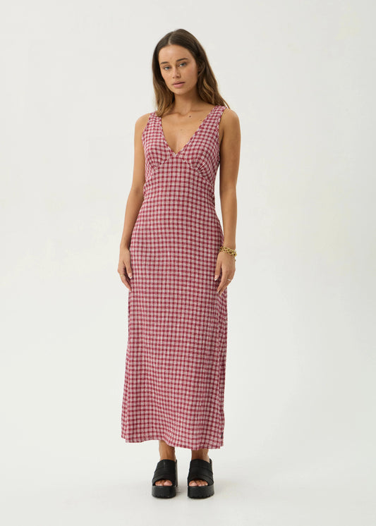 AFENDS Womens Tully - Seersucker Maxi Dress - Base Burgundy Check