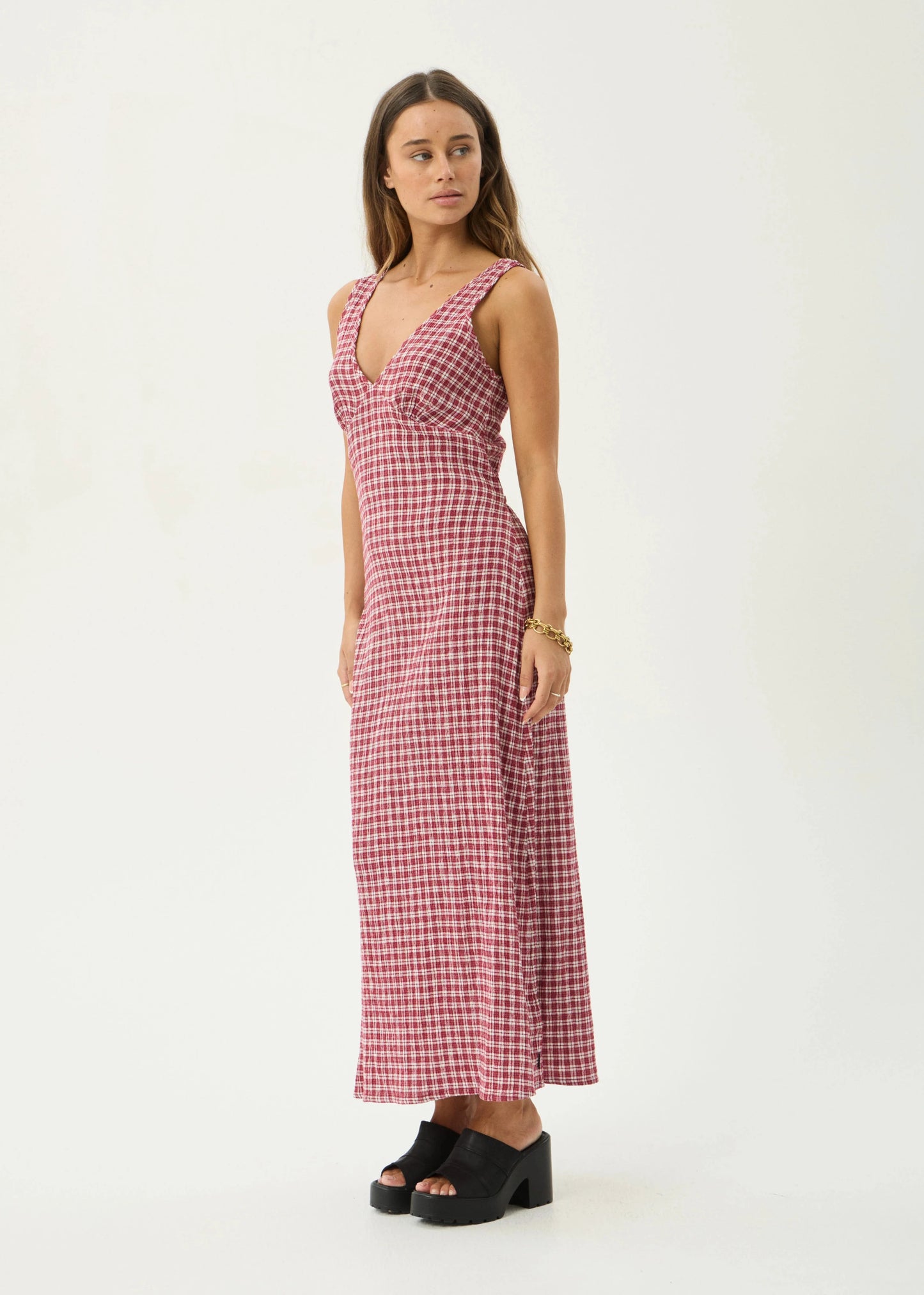 AFENDS Womens Tully - Seersucker Maxi Dress - Base Burgundy Check
