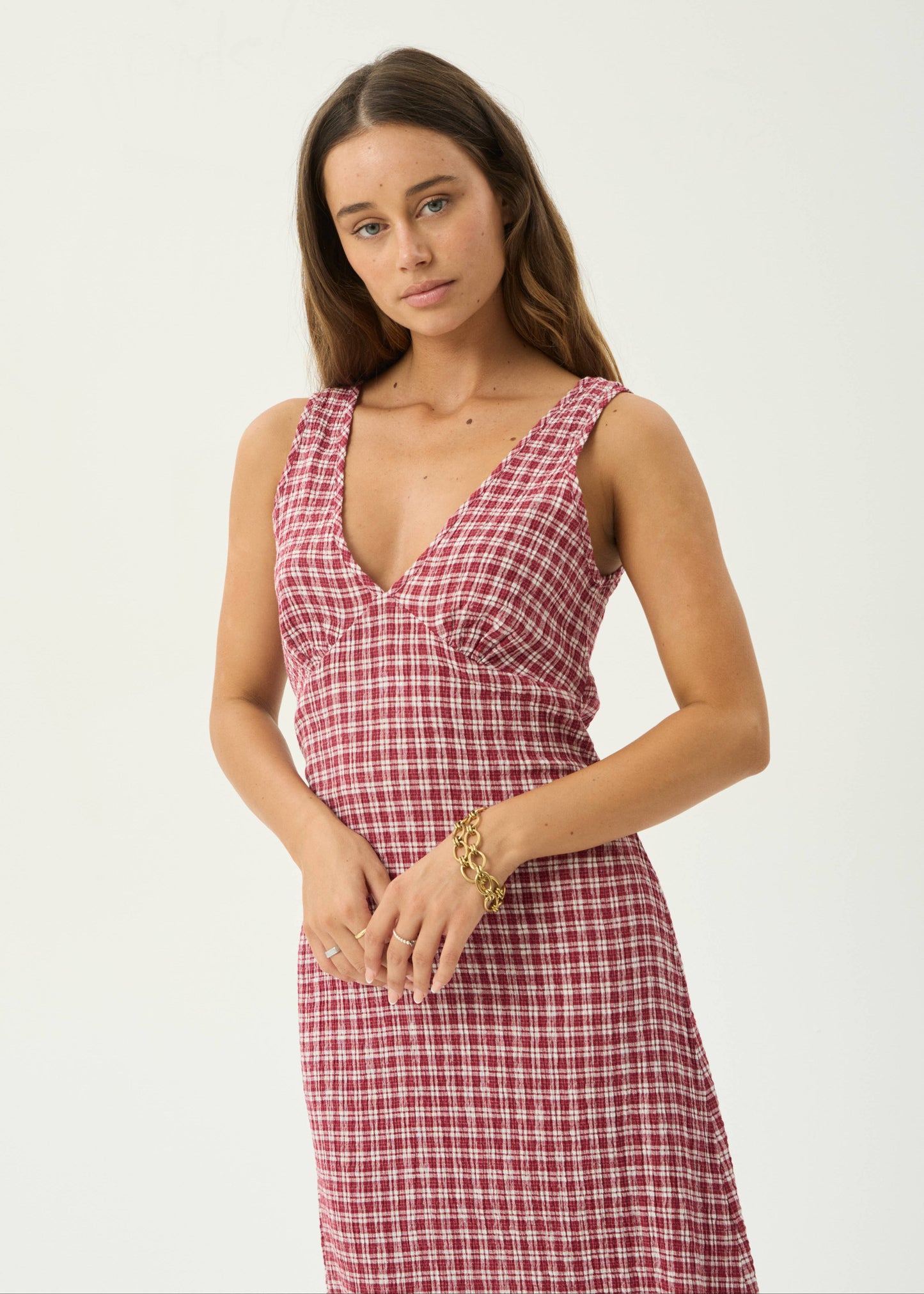 AFENDS Womens Tully - Seersucker Maxi Dress - Base Burgundy Check