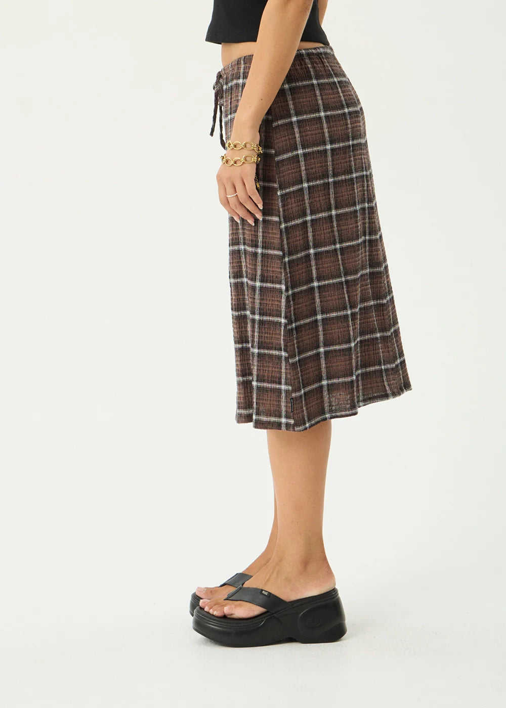AFENDS Womens Reverie - Seersucker Midi Skirt - Coffee Check