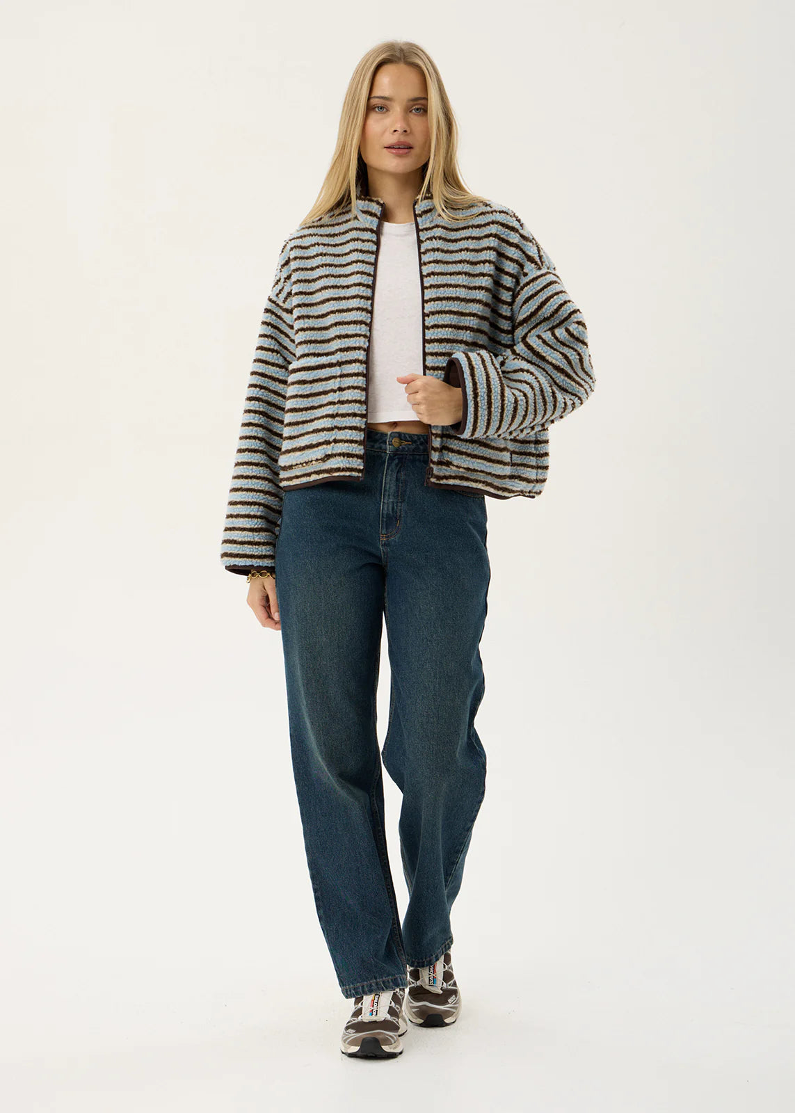 AFENDS Womens Berlin - Reversible Polar Fleece Jacket - Coffee / Blue Stripe