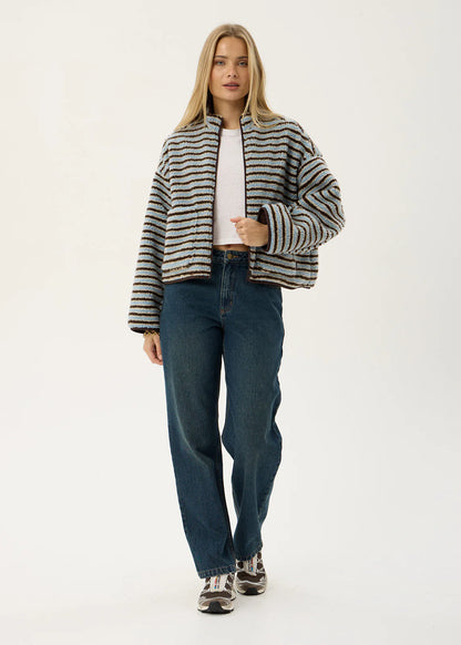AFENDS Womens Berlin - Reversible Polar Fleece Jacket - Coffee / Blue Stripe