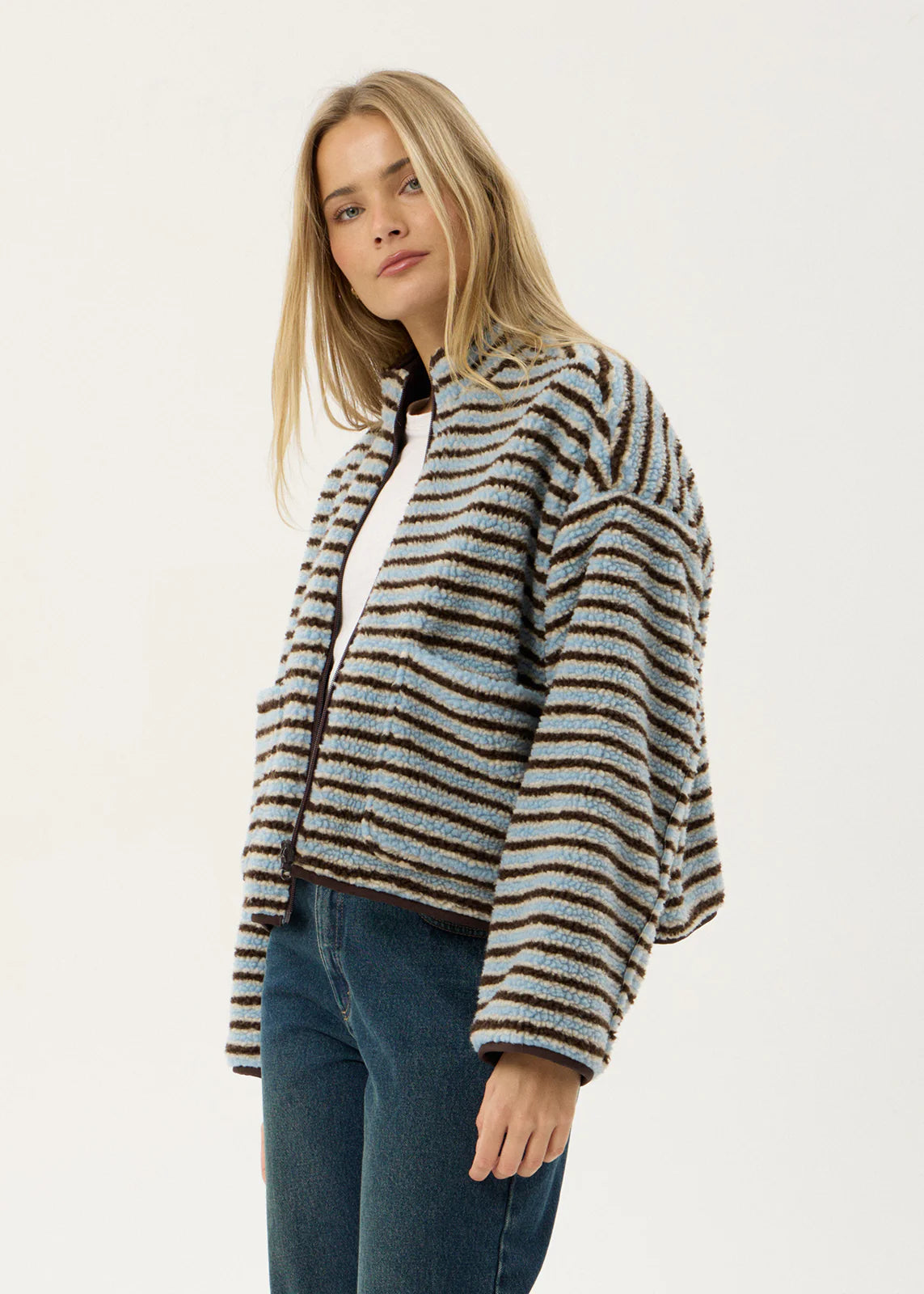 AFENDS Womens Berlin - Reversible Polar Fleece Jacket - Coffee / Blue Stripe