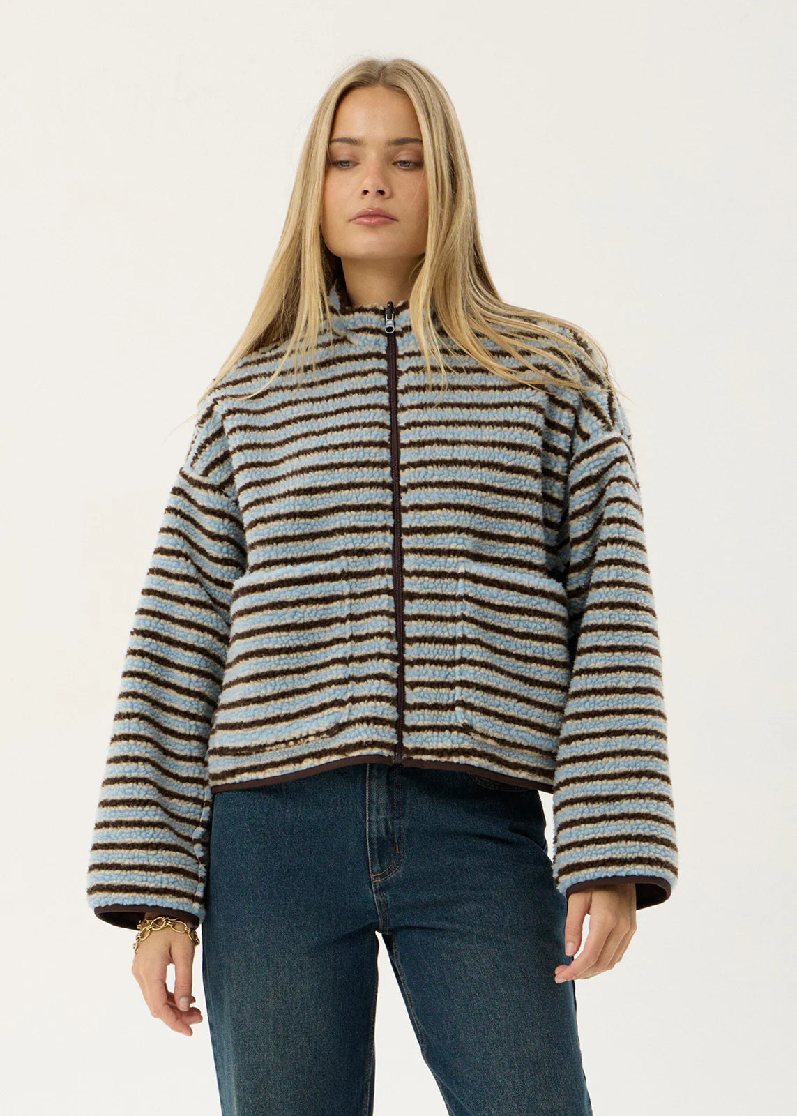 AFENDS Womens Berlin - Reversible Polar Fleece Jacket - Coffee / Blue Stripe
